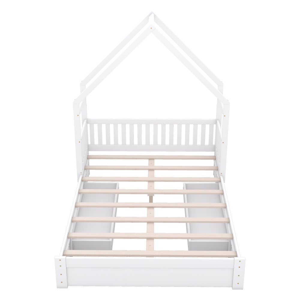 Wood Frame Queen Size House Bed with Guardrail and 2 Drawers, White