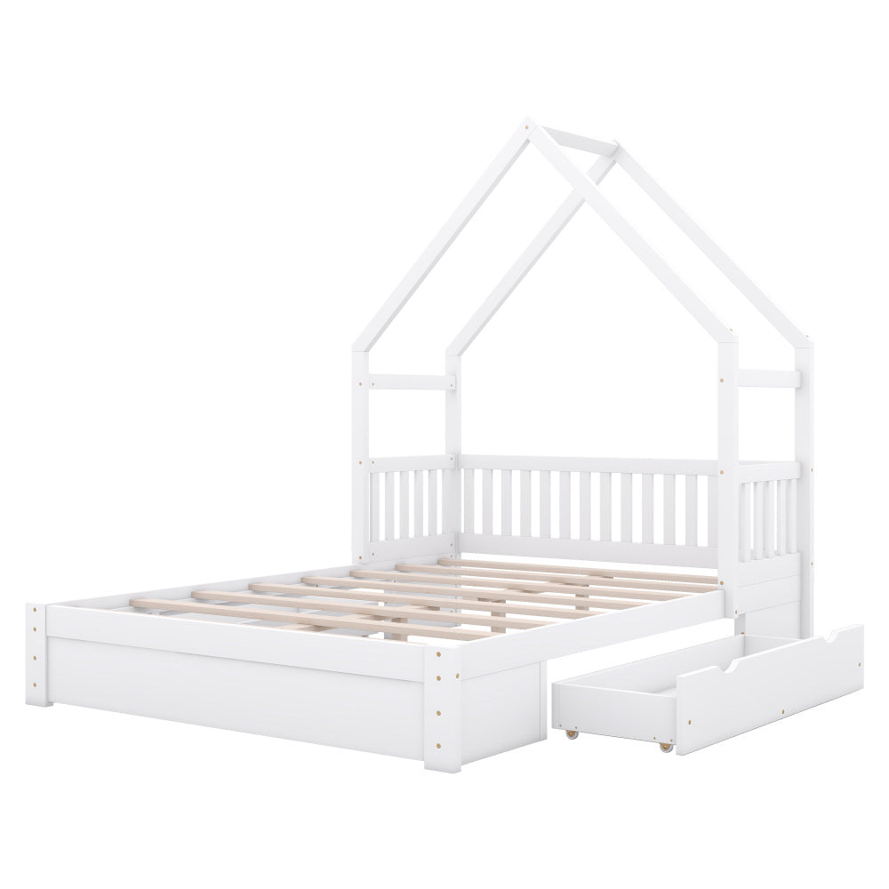 Wood Frame Queen Size House Bed with Guardrail and 2 Drawers, White