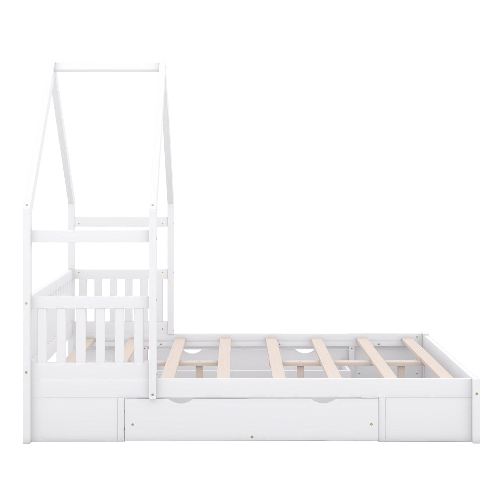 Wood Frame Queen Size House Bed with Guardrail and 2 Drawers, White