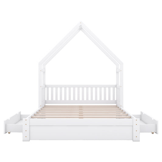 Wood Frame Queen Size House Bed with Guardrail and 2 Drawers, White