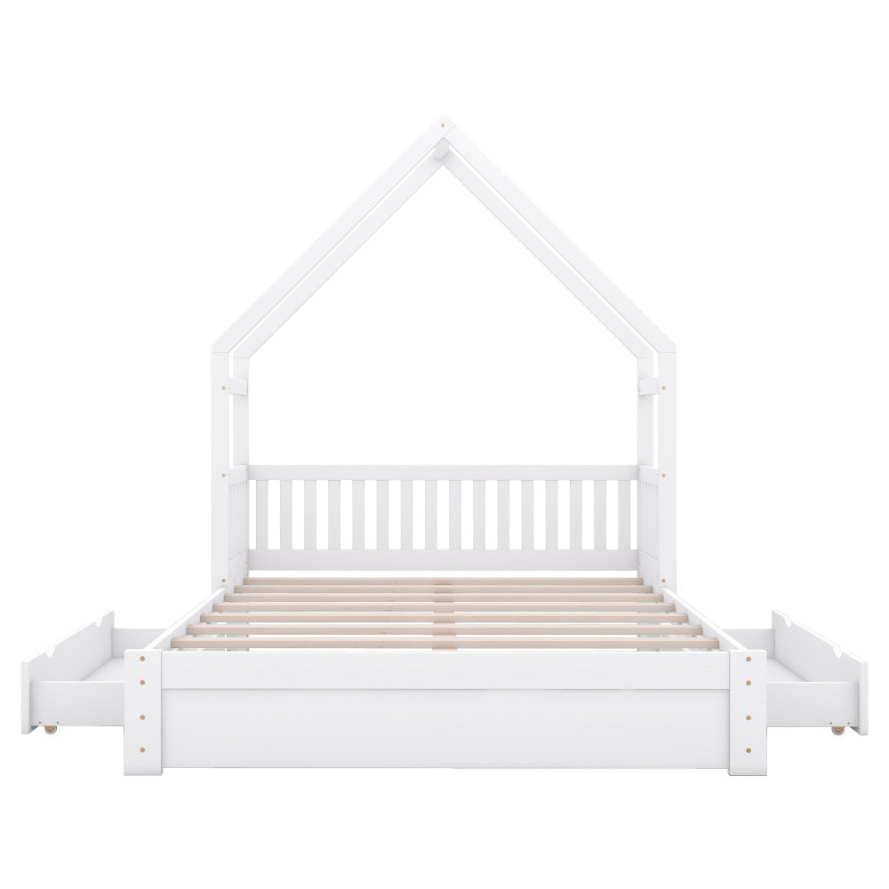 Wood Frame Queen Size House Bed with Guardrail and 2 Drawers, White