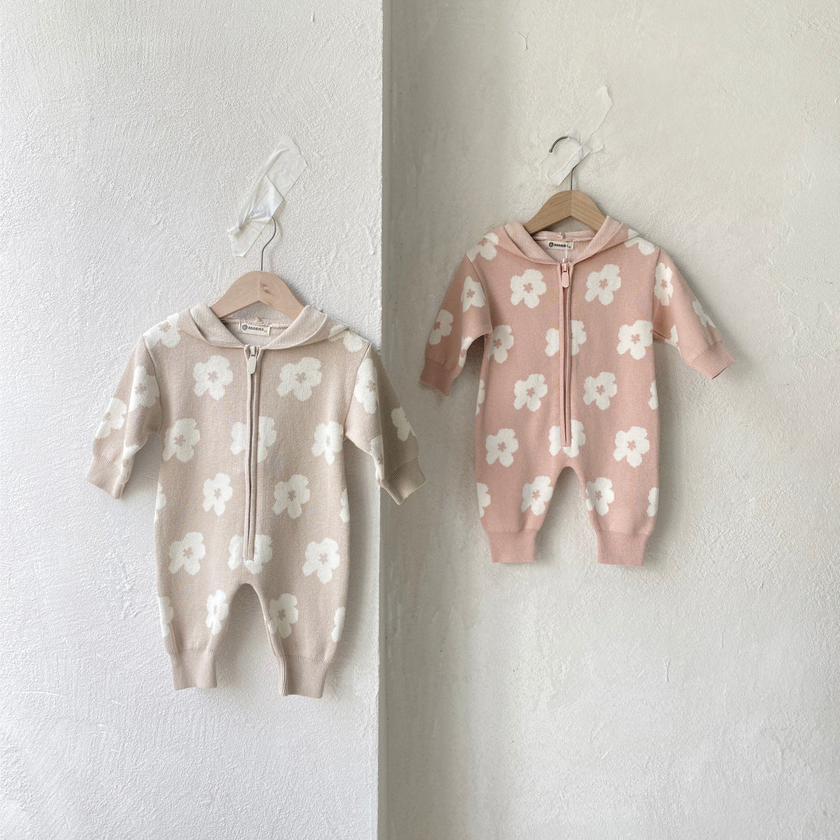 Baby Autumn And Winter Sweater Jumpsuit For Uni-sex Flower Zipper Hooded Long Sleeve