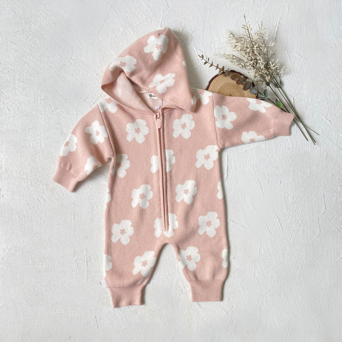 Baby Autumn And Winter Sweater Jumpsuit For Uni-sex Flower Zipper Hooded Long Sleeve