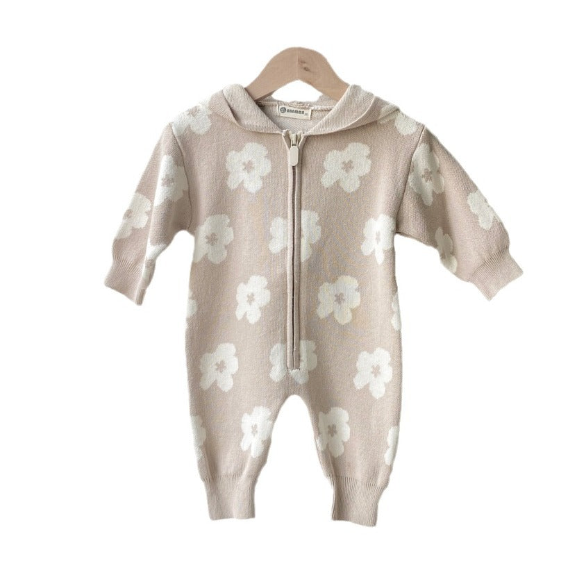 Baby Autumn And Winter Sweater Jumpsuit For Uni-sex Flower Zipper Hooded Long Sleeve